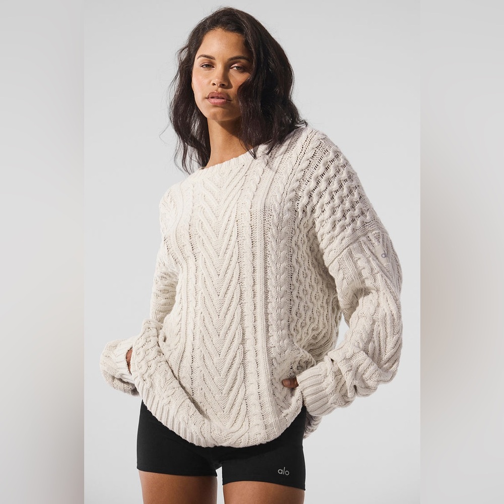 ALO Cable Knit Crew Neck Sweater, Size M, Bone Oversized